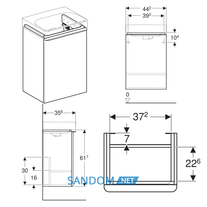 SMYLE SQUARE шафка для умивальника 45см , з одними дверима 44.2x61.7x35.6см, дверцята петлі зліва, білий