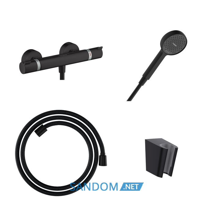 ECOSTAT COMFORT термостат для душу в комплекті з душовим гарнітуром (13116670+28331670+28260670+28033670),  чорний матовий