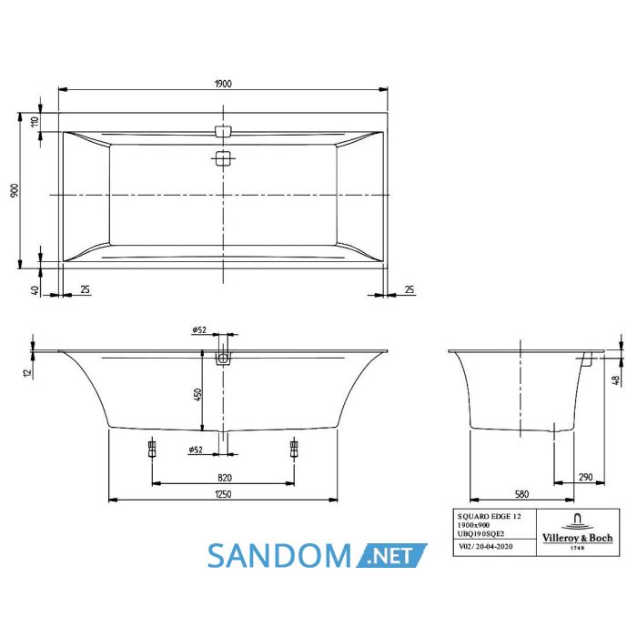 Squaro Edge 12 ванна 190*90см, з нiжками, з комплектом злив/перелив white (alpin)