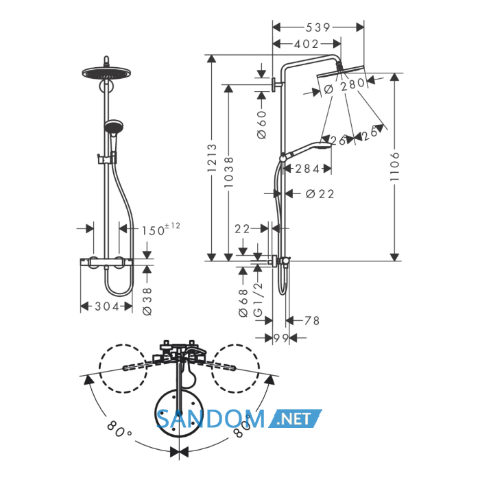 CROMA SELECT S душова система Showerpipe 280, 1jet, з термостатом, шліфованна бронза