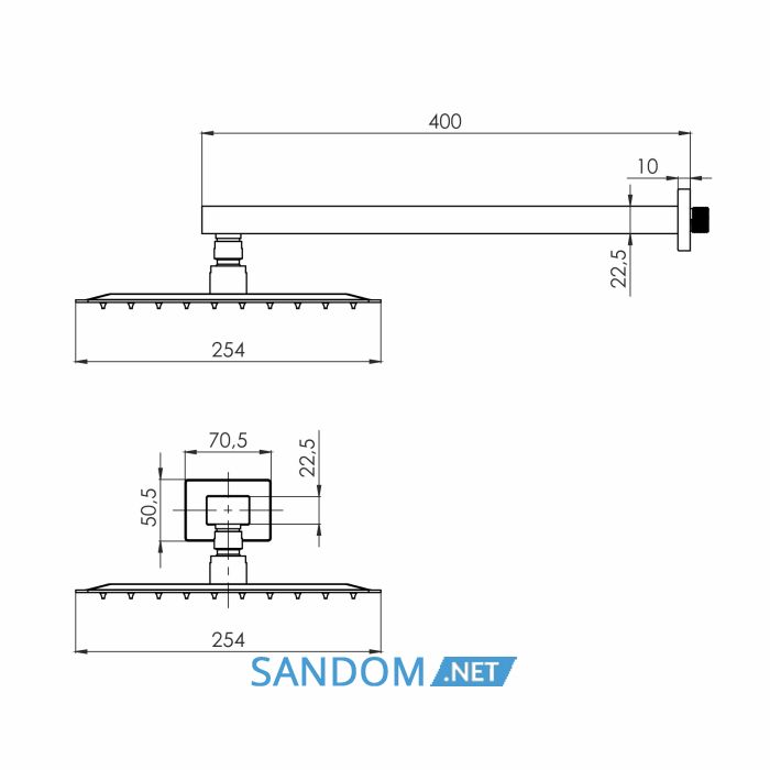 CASCADA R85 душ верхній, 250*250 мм, кронштейн, SS, cepillado bronce