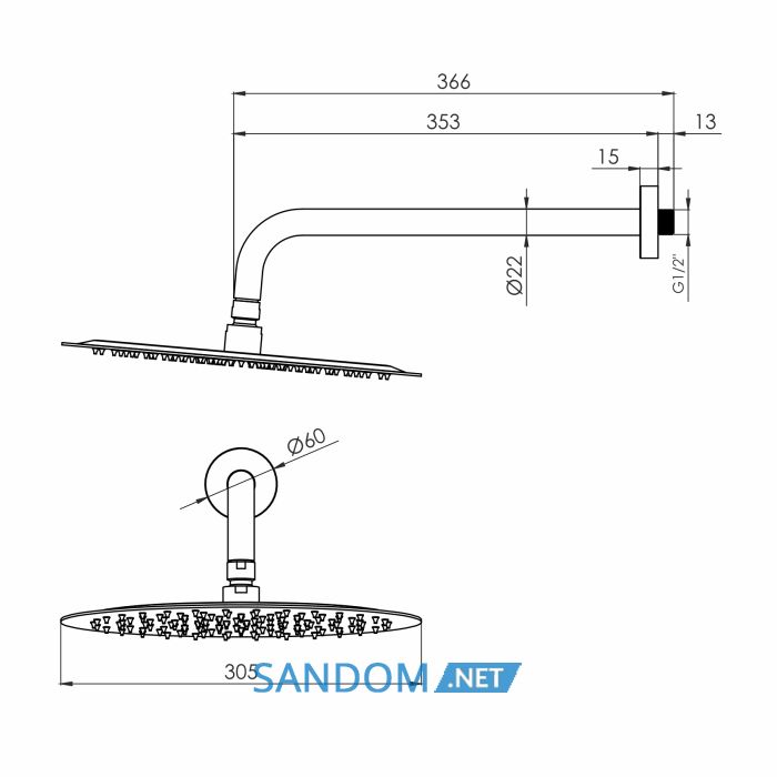 CASCADA R100 душ верхній, d300 мм, кронштейн, SS, cepillado oro