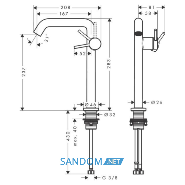 TECTURIS S змішувач для умивальника 240, одноважільний,CoolStart, push-open, колір хром