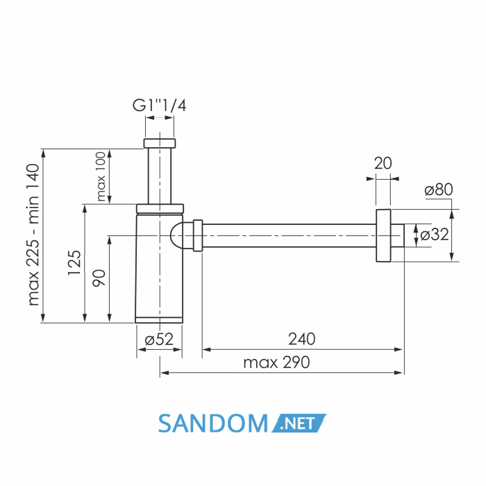 Сифон до умивальника з накидною гайкою 1 1/4", круглий, зливна трубка d32x250 з розеткою