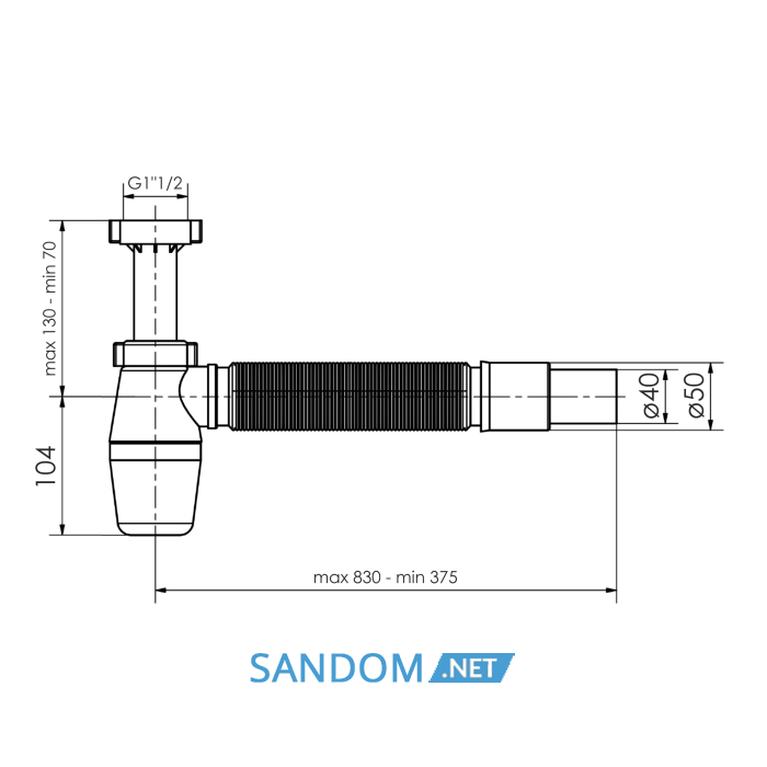 Сифон до умивальника з накидною гайкою 1 1/2", з гофрою d40/50 з розеткою