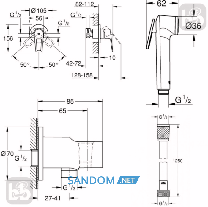 Гигиенический душ со смесителем скрытого монтажа Grohe Bau Loop UA11104202