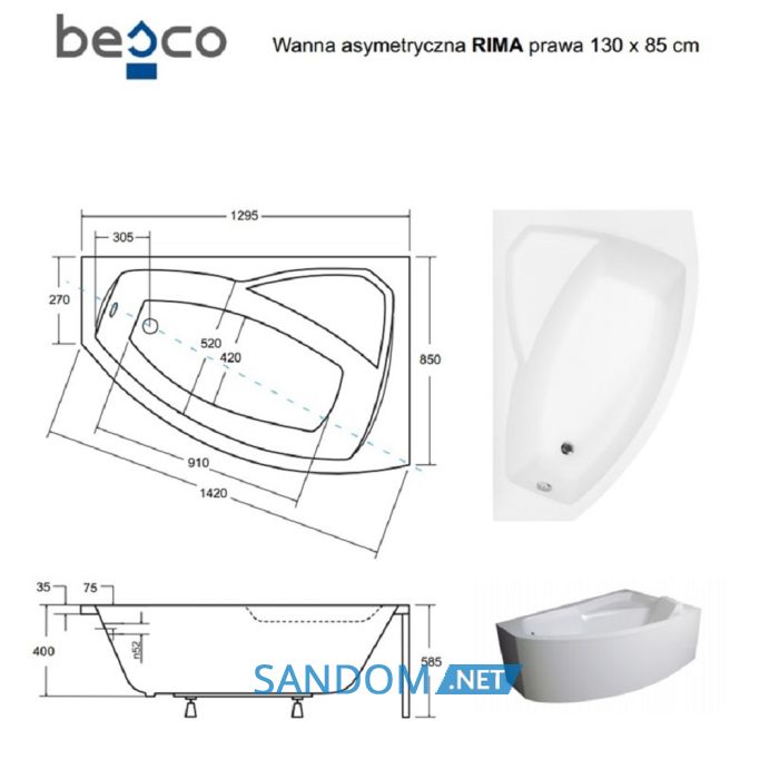 Ванна акриловая Besco Rima 130x85